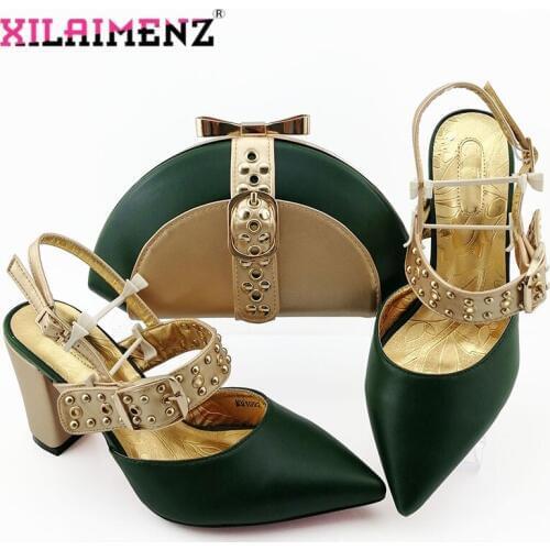 2019 Fashion African Design High Heels Shoes and Bag To Match Italian Shoes and Bag Set in Dark Green Ladies Party shoes and Bag