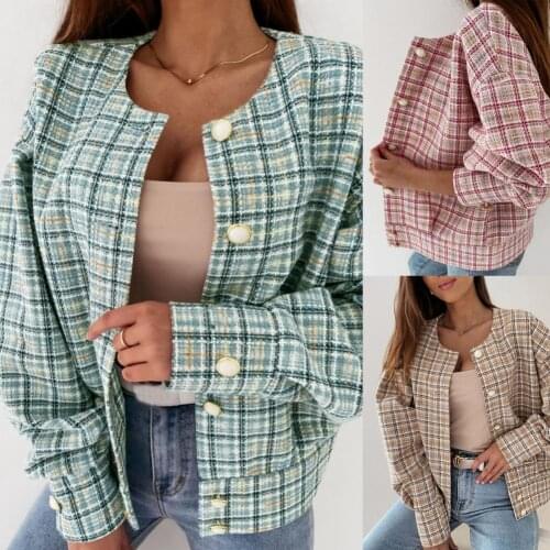 New Elegance Women Spring Autumn Lightweight Jacket Long Puff Sleeve Plaid Buttons Unfading Skin-friendly Short Coat for Work