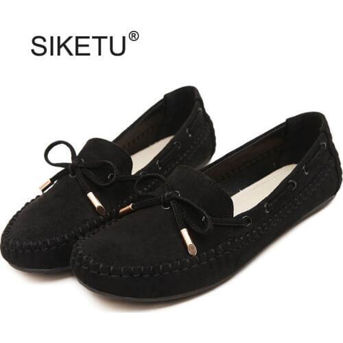 New Women Bowtie Flats Solid Loafers Womens Casual Brand Shoes Woman Suede Leather Shoes Round Toe Ladies Shoes Plus Size 35-41