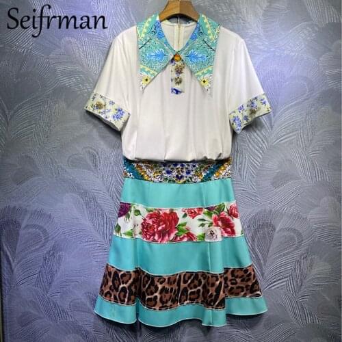 Seifrmann Women Summer Fashion Fashion Designer 2 Pieces Set Short Sleeve Loose Tops+High Waist Patchwork Skirts Two Pieces Suit