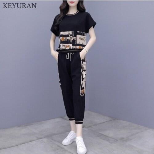 Summer Large Size Women Tracksuit 2021 Casual outfit Female Sportswear Suit Printed Short Sleeve Tshirts+ Pants Two-piece Set