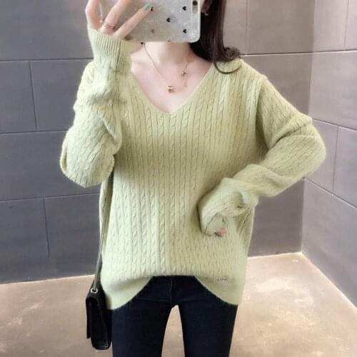 New Sweater V-neck Solid Color 2021 Casual Loose Long Sleeve Autumn Winter Pullover Female Sweaters Vestidos LXJ735