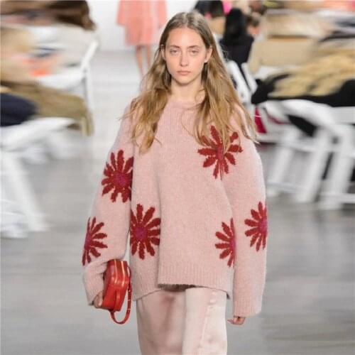 2018 Winter Casual Pink Loose Sweater Pulloveres Women Runway Leaves Print Sweet Street Knit Sweater Jumper Clothing