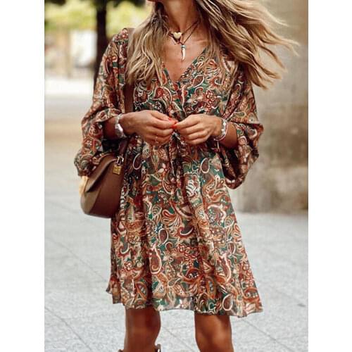 Autumn New Fashion Vintage Printed Ladies Dress Sexy V-Neck Ruffle Party Dress Spring Casual Long Sleeve Vacation Beach Dresses