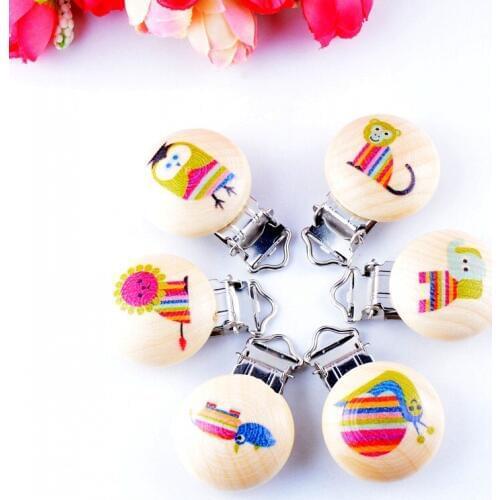 10PCs Baby Pacifier Clips Mixed Pattern Animal Natural Wood Metal Holders Cute Infant Soother Clasps Funny Accessories 4.4x2.9cm