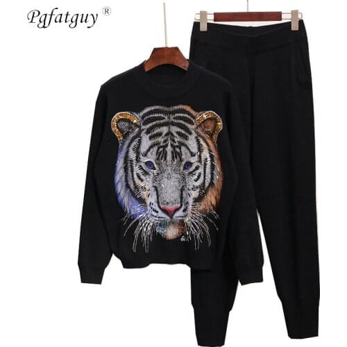 2020 Knitwear 2 Piece Suits Spring Autumn New Women Fashion Beading Old tiger Warm Sweater + Loose Trousers Women Knitted sets