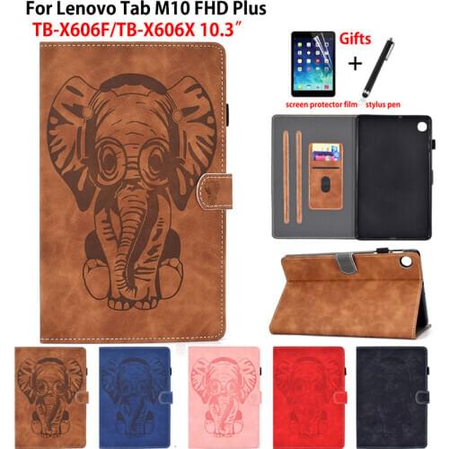 Case For Lenovo Tab M10 FHD Plus Cover Funda 10.3 TB-X606F TB-X606X Coque Elephant Embossed PU Leather Stand Shell Capa +Gift