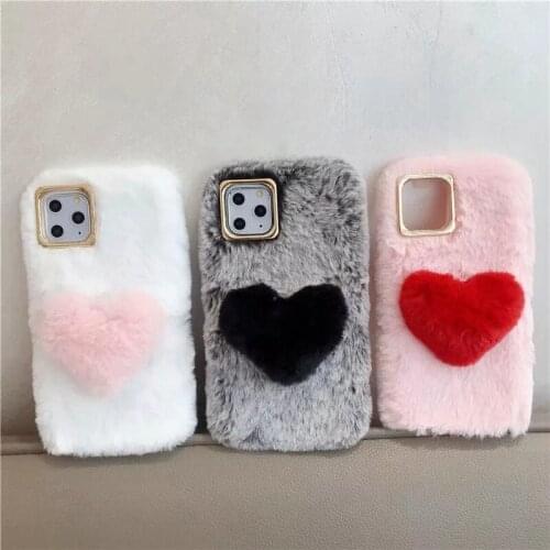 Heart Love Case For iPhone 11 Pro Max Rabbit Genuine Hair Bling Chromed Metallic Fluffy Fur Girl Soft TPU Cute Holder 50PCS