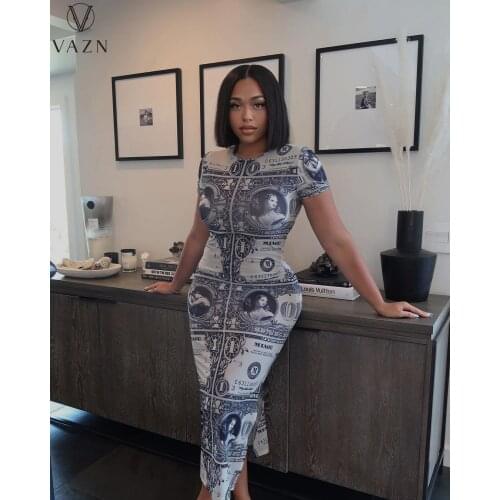 VAZN 2021 Short Sleeve Bandage Bodycon Print Elegant Maxi Dresses Sexy Club Birthday Dress Women Elegant Fashion Female Dress
