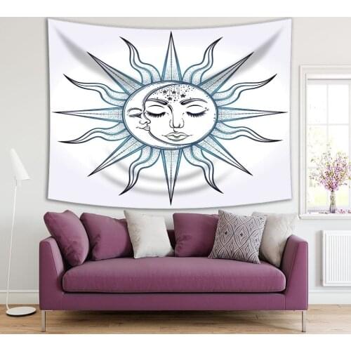 Tapestry Sun and Moon Face with Mystic Nature Astrology Bohemian Style Artwork Dark Blue White