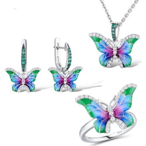 KOFSAC 2020 Hot Sale Elegant Enamel Color Butterfly Rings Earrings Necklace Set For Women 925 Silver Jewelry Set Lady Party Gift