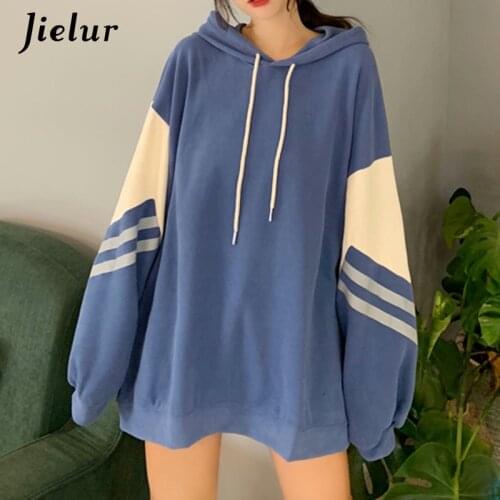 Jielur 2021 Autumn Patchwork Striped Hoodies Women Blue Apricot Female Sweatshirt Loose High Street Thin Hooded Pullover M-XL