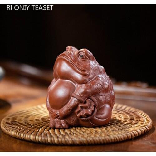 Chinese Yixing Purple Clay Tea pet Ornaments Lucky Fortune Golden Toad Statue Figurine Handmade Sculpture Home Tea Set Decors