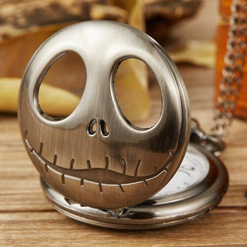 Tim Burton The Nightmare Before Christmas Quartz Pocket Watch Jack Skellington Bronze Pendant Necklace Flip Clock Women and Men