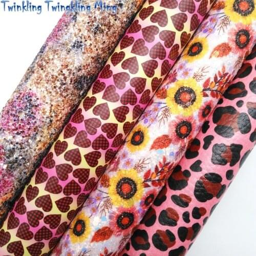 Twinkling Twinkling Flowers Printed Chunky Glitter Leather Felt Backing Hearts Leopard Printed Synthetic Vinyl 21X29CM KM544