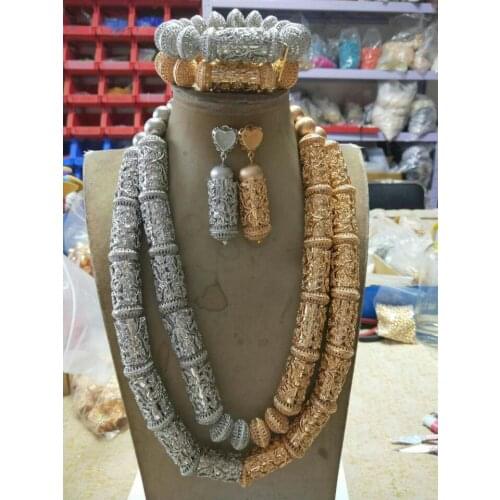 New Mix Silver and Gold Copper Alloy Beads Jewelry Sets African Wedding Bride Jewelry Set Gift WE246
