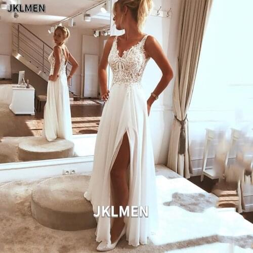 Beach Wedding Dress 2021 Side Split Top Lace Boho Bride Dress Sexy Appliques Wedding Gown Custom Made Vestidos De Novia