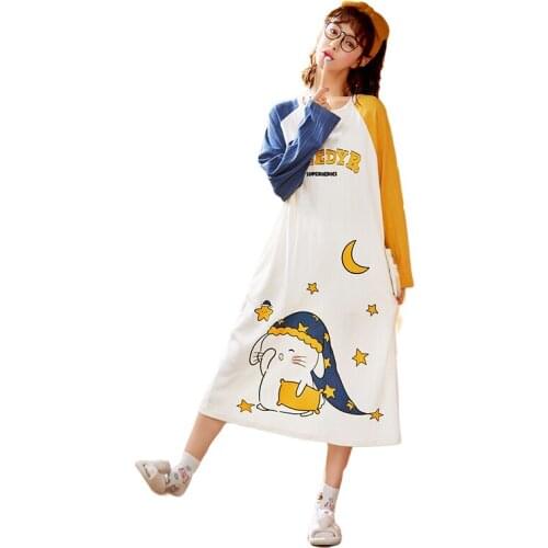 Autumn And Winter Casual Cotton Womens Nightdress Loose Sleepwear for Women Home Dress Cotton Long Sleeve Cartoon Night Dress