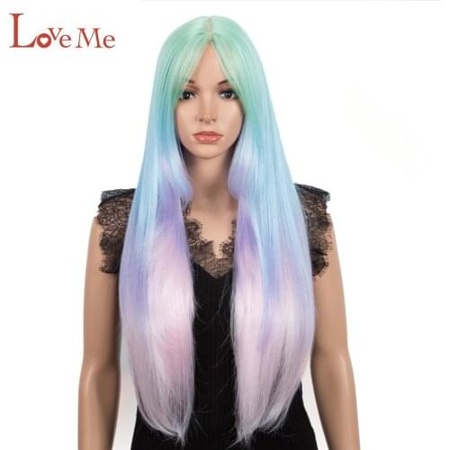 LOVE ME 32 Inch Straight Wig Synthetic With Bangs Long Wigs For Black Women Omber 613 Rainbow Cosplay Wig High Temperature Fiber