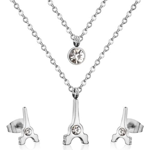 LUXUKISSKIDS Brand New Stainless Steel Eiffel Tower Pendants Round Crystal Double Necklace Earrings For Women Dubai Jewelry Set