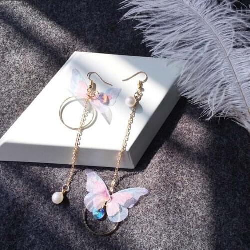 Orean Retro Asymmetric Butterfly Imitation Pearl Earrings Fashion Round Flower Brincos Long Statement Wings Earrings Jewelry