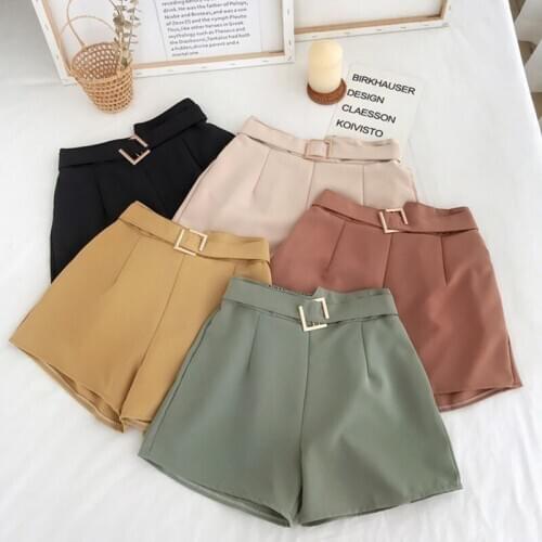Office Elastic Waist Shorts Women Mini High Waist Shorts With Belt Wide Leg Summer 2021 Harajuku Korean Short Feminino