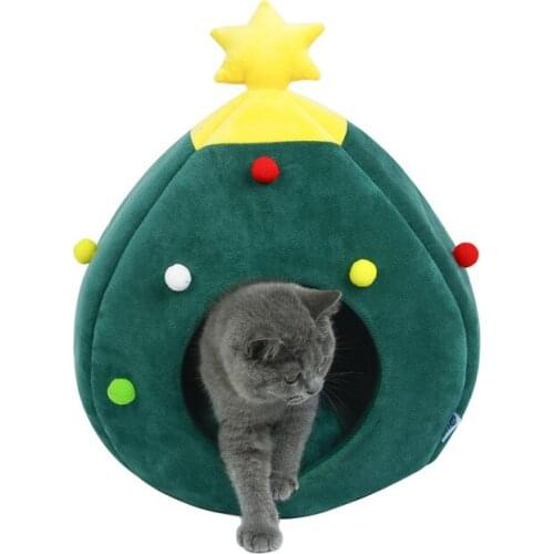 Cute Christmas Tree Shape Cat Kennel Soft And Comfortable Foldable Winter Warm Animal Puppy Sleeping Mat Bed New Year Gift