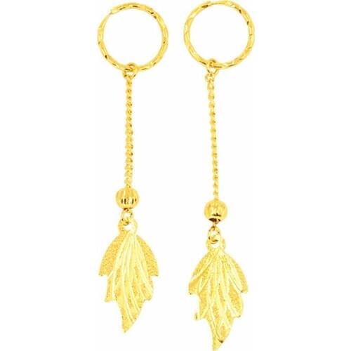 Light Yellow Gold Color Alloy Leaf Shape Drop Earrings for Women Link Chain Classic Style Jewelry