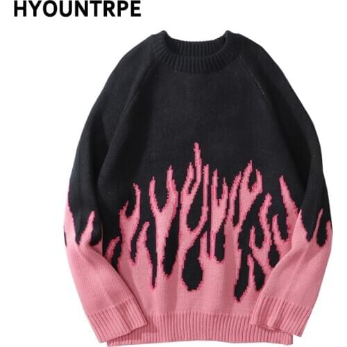 Hip Hop Mens Streetwear Harajuku Knitted Sweater Fire Flame Autumn Winter New O-neck Sweater Pullover Loose Retro Vintage Cotton