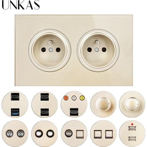 UNKAS Dual French Glass Panel Socket + HDMI-Compatible Port USB Jack TV RJ11 Telephone RJ45 Computer Dimmer Fan Regulator Switch