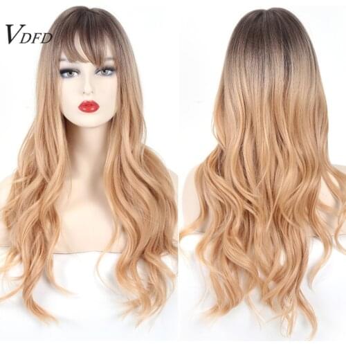 VDFD Golden Blonde Wig Synthetic Hair with Bangs Long Wavy Ombre Natural Daily Use for Women Cosplay