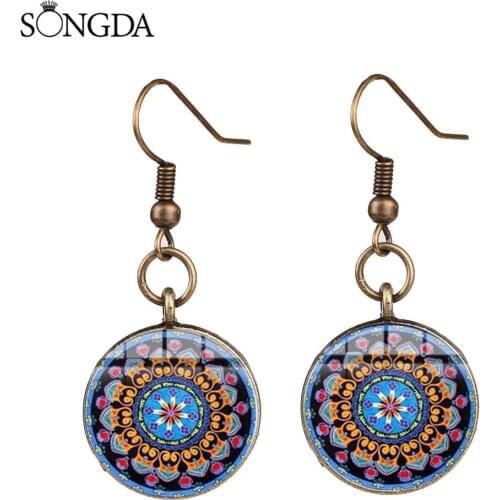 Vintage Mandala Glass Dome Hook Earrings Buddhism Glass Cabochon Dangle Earrings Jewelry India Yoga For Unisex Jewelry