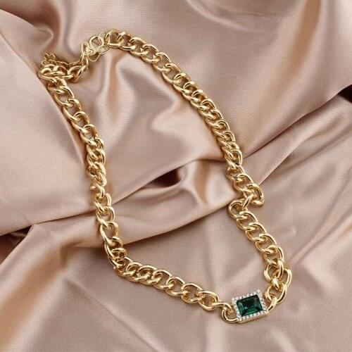 Womens Fashion Green Crystal Necklace Twisted Gold and Silver Color Chunky Thick Lock Necklace Chain Party Jewelry