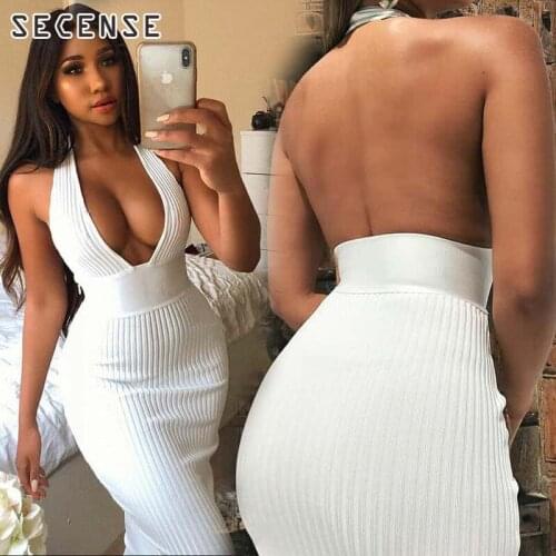 Womens Dresses Halter Backless Sleeveless Deep V Neck Sexy Knitted Pencil Long Dress Bodycon Summer Party Elegant Dress Dress