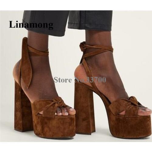 New Fashion Women Suede Leather High Platform Chunky Heel Knotted Sandals Lace-up Bowtie Super High Heel Sandals Dress Heels
