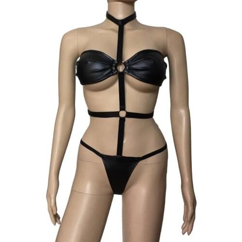 Womens Halter Faux Leather Cup Teddy Strappy Chest Wrapping Body Harness Bodysuit Fetish Restraint Mistress Costume