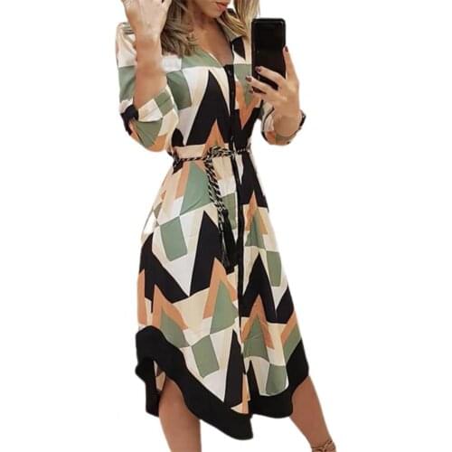 Women Fashion Summer Dress 2021 Midi Dress Long Sleeve V-neck Cloth Summer Turn-down Collar Dress for Party