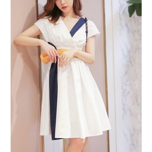 2021 Summer New Womens Plus Size Dress Color Matching V-Collar Slim Sleeveless Dress Lady Elegant Party Mini Dresses Vestidos