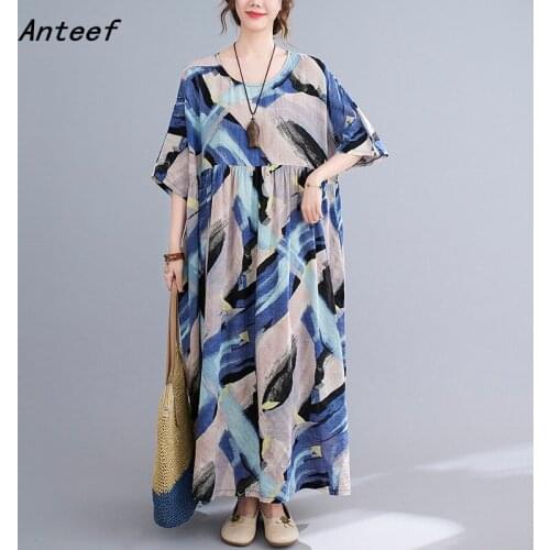 Short sleeve cotton vintage floral dresses for women casual loose long woman summer dress elegant clothes 2021
