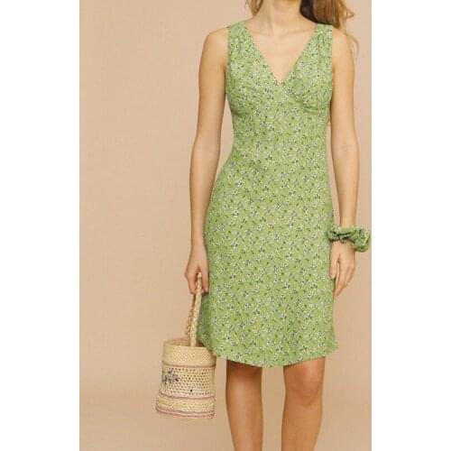 100% Viscose Summer 2021 New Elegant and Fashionable V-neck Waist Slimming Sleeveless Floral Print All-match Dress