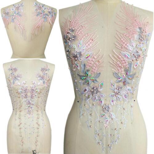 3D LAce Light Pink Purple Women Dress Clothes African Fabric Beads Crystals Patches Applique For Sewing Dance Costumes Decor Diy