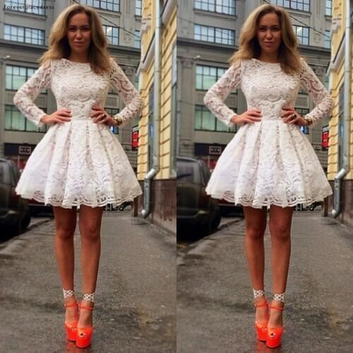 White Prom Dress Pretty Lace Long Sleeves Cocktail Party Homecoming Gown