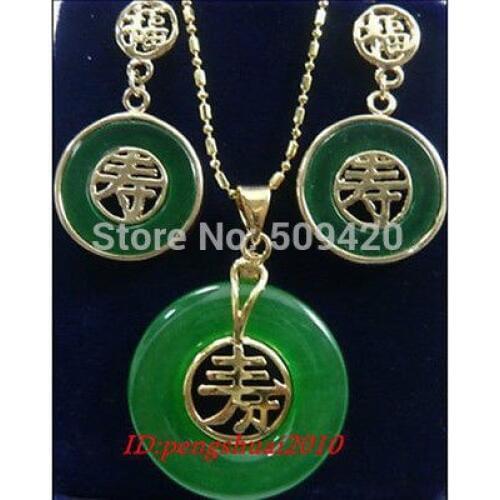 Free p&p Wholesale charming green jade stone - Chinese character lucky pendant necklace earring sets