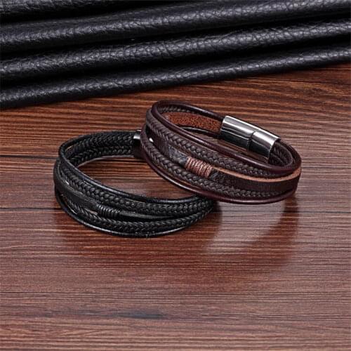 Punk Cowhide Woven Rope Chain Charm Wristband Pulseras Leather Bracelet Men Jewelry Stainless Steel Bracelet & Bangle Retro Gift