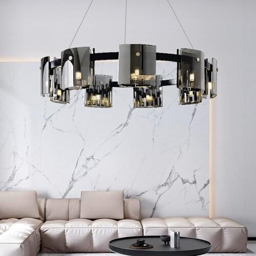 Black Chandelier Lighting for Living Room Smoke Gray/Amber Glass Hanging Lamp Rectangle Kitchen Lights New Gold LED Chandelier