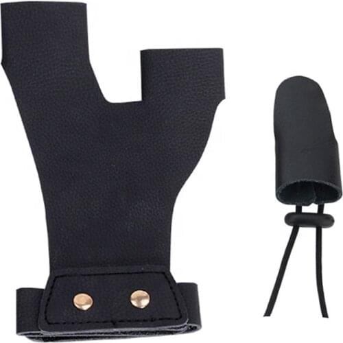 Black Color Cowhide Hunting Accessories Protector Gear Archery Leather Finger Guard Finger Tab Set