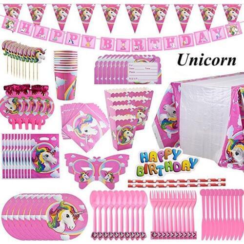 Unicorn Party Supplies Pink Rainbow Unicorn Flag Plate Napkin Balloons Cups Baby Shower Kids Favor Birthday Party Decor Supplies
