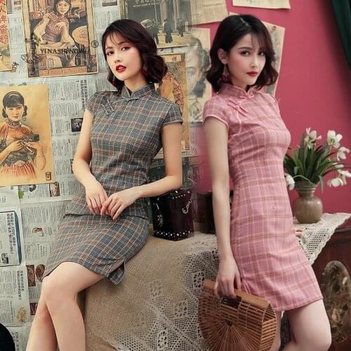 Chinese Dress Satin Retro Plaid Ladies Oriental Robe Cheongsam Modern Cheongsam Elegant Casual Party New Daily Fashion Clothing