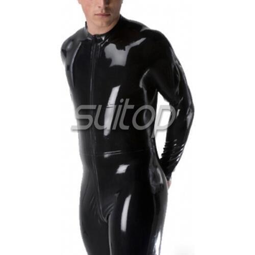 Suitop nature rubber latex catsuit black color front zip trough crotch