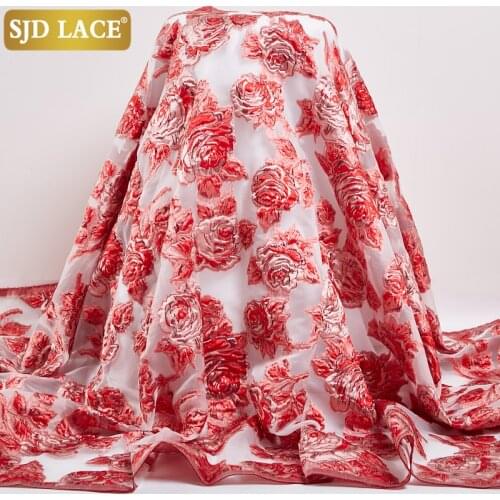 SJD LACE Red African Brocade Lace Fabric Embroidery Gilding French Jacquard Mesh Lace Fabric Organza For Wedding Dress Sew A2503